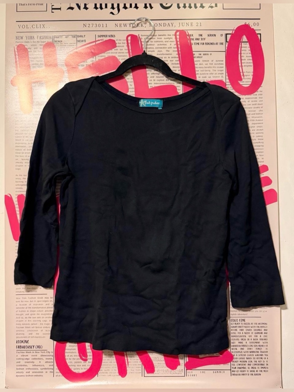 Fresh Produce Black Ribbed Boatneck Tee / 3/4 Sleeve